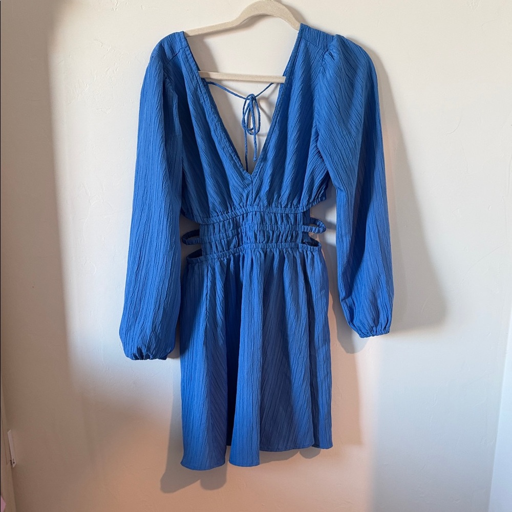 Sapphire Blue Long-Sleeve V-Neck Mini Dress with Tie Back